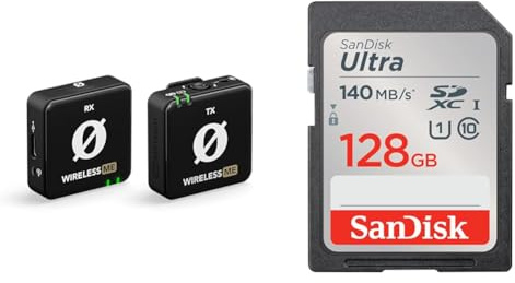 RØDE Wireless ME Ultra-compact Wireless Microphone System with Built-in Microphones & SanDisk 128GB Ultra SDXC card up to 140 MB/s with A1 App Performance UHS-I Class 10 U1