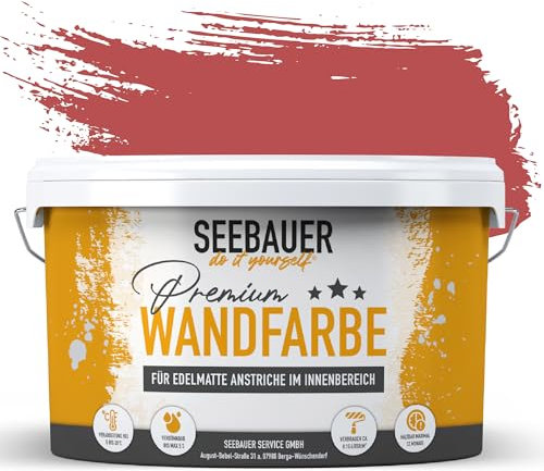 SEEBAUER diy Wandfarbe Rot 5L für Innen (No. 338 Red Wine) Edelmatte weinrote Innenfarbe - Rottöne sehr hohe Deckkraft - Matt, Abwaschbar und Tropffrei