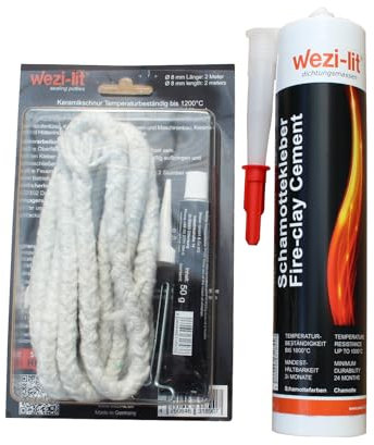 Cordon en céramique Ø 8 mm 2 m + cordon de four colle 50 g -1200 ° + colle réfractaire 310 ml résistant à la chaleur jusqu'à 1000 °C