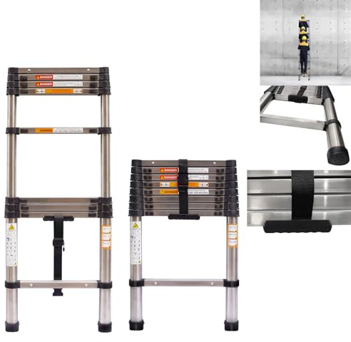 Stainless Steel Telescoping Folding Ladder 3.8M(12.5 FT),Collapsible Extension Ladder with Industrial Grade Latches,Folding Compact Portable Anti-Slip Ladder for Attic,Loft Roof