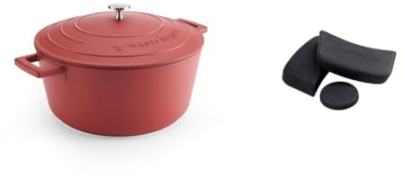 MasterClass 5L Red Casserole Dish with MasterClass Heat-Resistant Silicon Pan Handles and Lid Handle (3pc)