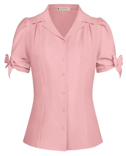 Belle Poque kvinnor puff ärm blus vintage V-hals smal passform skjorta, Ljusrosa, XL