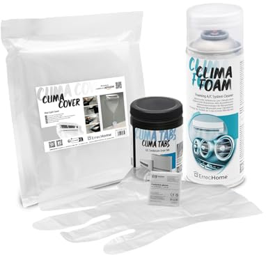 ErrecHome Kit de limpieza de aire acondicionado, incluye Clima Foam Limpiador espumoso, funda protectora Clima Cover, Clima Tabs 40 pastillas para aire acondicionado de acción prolungada, guantes