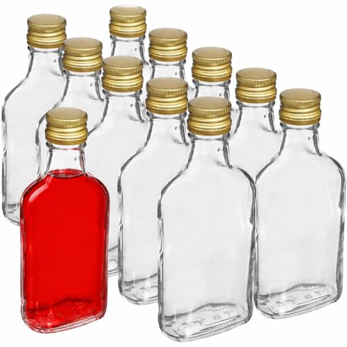 made in home - Botellas de cristal vacías de 200 ml con tapón de rosca dorado, 0,2 l. botellas de licor, botellas de licor, botellas de vinagre y aceite (10)