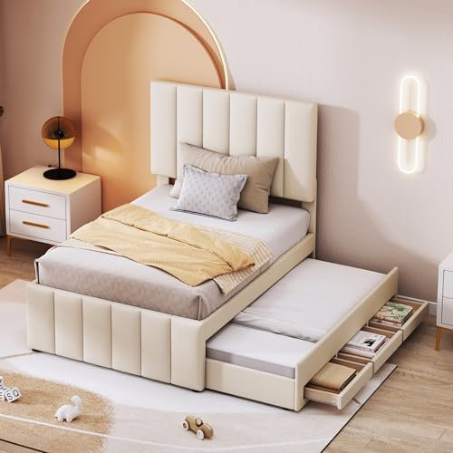 Polsterbett 90 x 200 cm mit Rollbett und Stauraumschubladen, hautfreundliche Leinenpolsterung, flaches Einzelbett, Kinderbett, Jugendbett, Gästebett (Beige)