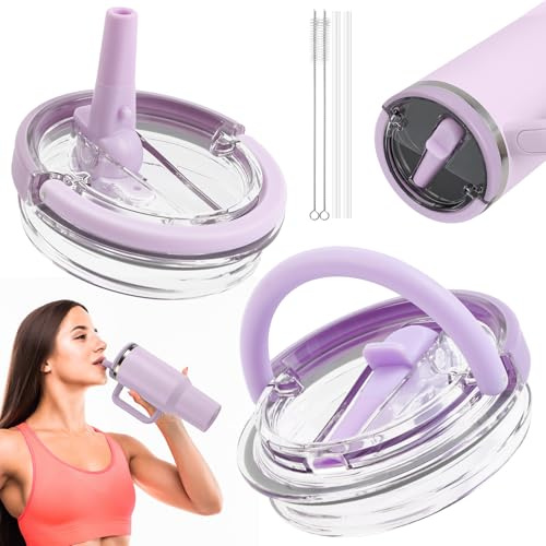 HOTUT 2 Pack Leak Proof Lid for Stanley Cup, 40 oz Tumbler Flip Straw Lid Replacement fit for Stanley Quencher, Leak Proof Splash Resistant Tumbler Lids with 2 Straws and 2 Cleaning Brush