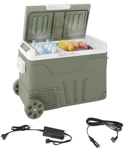 Outsunny 33 Liter Kompressor Kühlbox Leiser Elektrisch bis -20℃ Rolle Grün | Mini Kühlschrank, Kühlbox mit LED, Kühlfunktion, Gefrierbox, Thermobox, 12/230 Volt, für Auto LKW Camping Boot Reisen