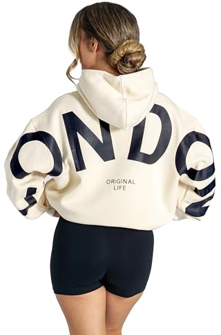 Lang Horn London Hoodies for Women UK Oversized Sweatshirts Letter Print Pullover Hoodie Women With Pocket and Drawstring Xsmall Cream