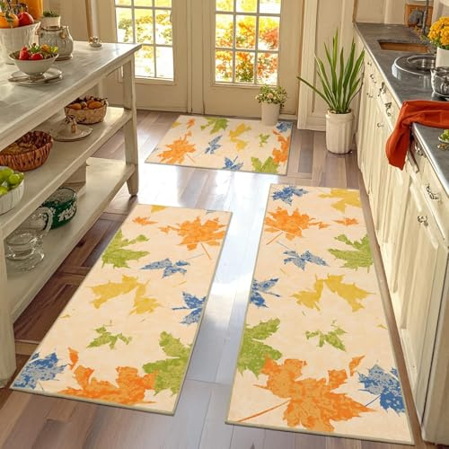 TUKDAK Weihnachts Küchenläufer rutschfest 3 Stück, Beige Weihnachtstepp Küchenteppich Waschbar, Waschbarer Teppich Küche, Kurzflor Küchenmatten, Teppichläufer Flur, Teppich Läufer