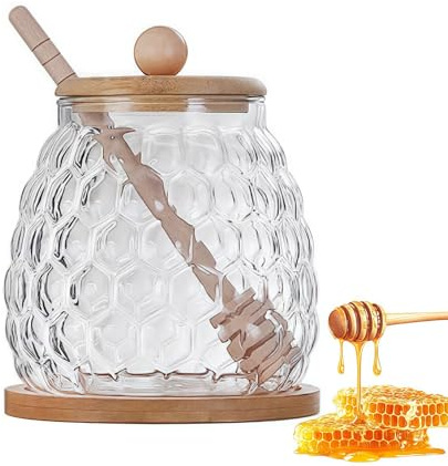 MEETOZ 350ml Honey Jar with Wooden Dipper and Lid, Glass Honey Jar with Dispenser, Honey Containers for Home Kitchen Storing Honey, with tray