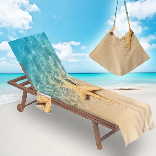 Morbuy Large Beach Towels Fold into a Bag Sun Lounger Towels with Pockets, Soft Microfiber Absorbent Lightweight Beach Chair Cover Portable for Summer Travel, Swim Pool (Beach starfish 6,75x200cm)