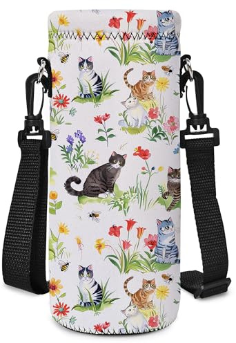 Mibbxea 1000ML Wasserflasche Tragetasche,Umhängetasche für Flaschen,Neopren Flaschenkühler mit Tragegurt für Männer Frauen Radfahren,Wandern,Fitnessstudio,Laufen,Gehen (Garten Katze)