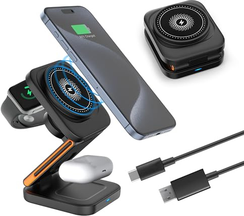 3 in 1 Wireless Charger for iPhone, Foldable Magnetic Charging Station compatible with MagSafe, Travel Charger for iPhone 17 16 15 14 13 12, Apple Watch & AirPods – Wireless Charger Stand
