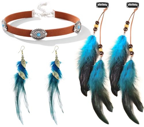 RNHDLY Feder Haarschmuck Clip, Feder Ohrringe Damen, Braun Drop Leder Choker Halskette, Boho Haarschmuck für Karnevals kostüme Zubehör, Hip Hop Accessoires