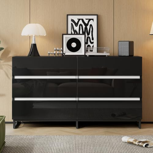 Merax Sideboard 140x39,5x78,5 cm, 6 Schubladen, Hochglanz-Kommode in Schwarz, Moderne Aufbewahrungslösung für Wohnzimmer, Küche oder Esszimmer, Stabile Metallfüße, 60 kg Tragfähigkeit