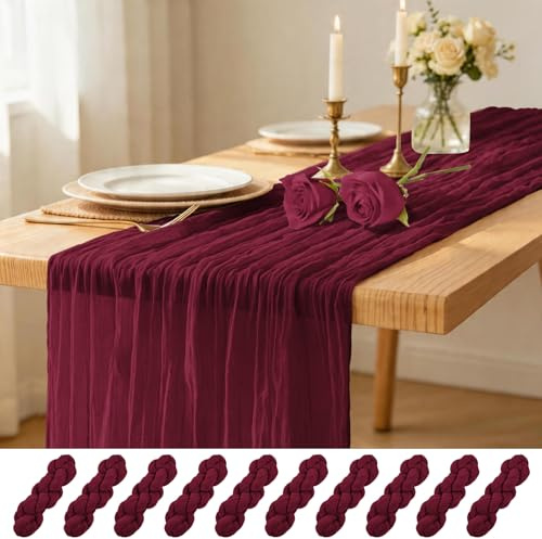 10 Stück Tischläufer Burgund, 45 x 275 cm Käsetuch Tischläufer, rustikale, durchsichtige Gaze-Tischläufer für Hochzeit, Party, Brautparty, Frühling, Sommer, Heimdekoration