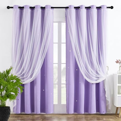 GAIFNAG Kurze Gardinen Kinderzimmer Ösenschal 220 x 270 cm Blickdichter Vorhang Thermo Kälteschutz & Wärmeisolierend Kindervorhänge Kinder-Verdunkelungsvorhänge für Wohnzimmer, Lila