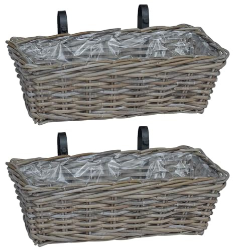 vidaXL Hängande Planteringskorg 2 pcs Grå 48 x 22 x 15 cm Lacak Rattan, Balkongkruka, Trendig Korg, Dekorativ Förvaring, Miljövänlig Hängande Inredning, Rektangulär Trädgårdsvisning