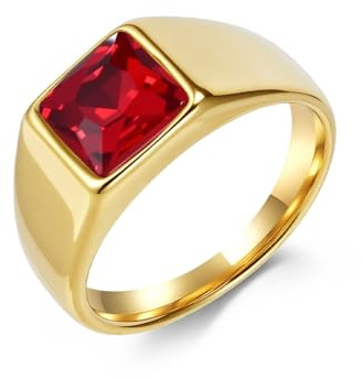 Stfery Anillo Sello Cuadrado Acero Inoxidable Hombre, Anillo Dorado Grande con Piedra Roja 10MM Fantasia Talla 25