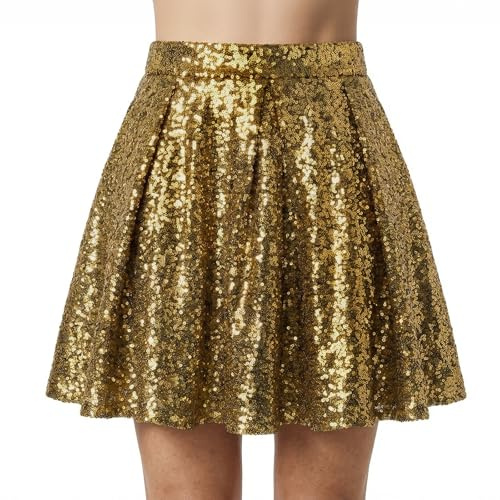AYBUY Sequin Skirt for Women, Sparkly Glitter Shiny Mini Skirt, A line Glitter-Skirts for Rave Party Carnival Halloween, Gold