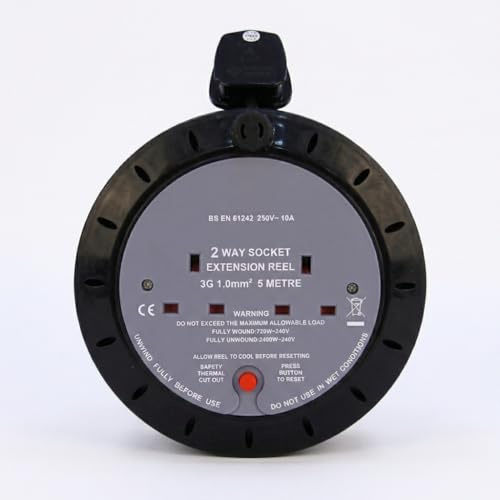 KasaBona 2 Socket 5M Extension Reel 10Amp – Heavy Duty 240V Cable Drum with UK Type G Sockets, Thermal Cut-Out Protection, Cassette Power Lead for Home, Garden & Workshop