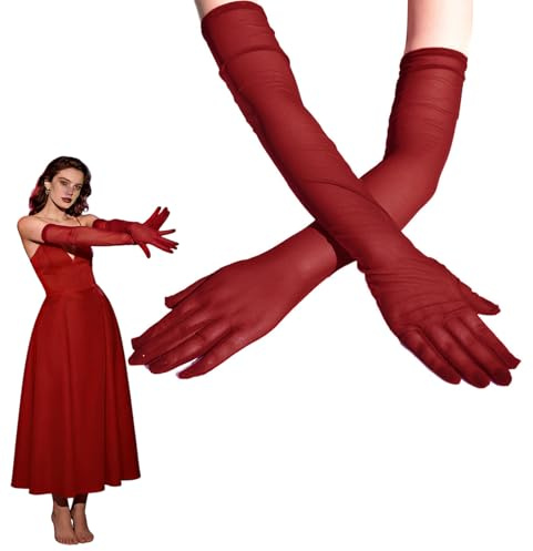 THXFUNAREA 1 Paar Lange Damen Handschuhe aus Rotem Tüll, Elegante Abendhandschuhe für Ball, Hochzeit, Oper und Galas, Atmungsaktive Mesh Langhandschuhe für Cocktailparty, Braut, Fasching und Karneval