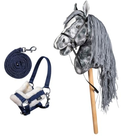 Holly & Claire HKM Kids Hobby Horse, Apfelschimmel, Grau, mit Halfter und Führstrick Blau, Steckenpferd für Kinder, Pferde, Spielzeug