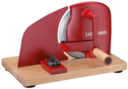 Zassenhaus Cortador de pan PURE rojo, manivela de mano con cuchillo de acero inoxidable, corte ondulado especial fabricado en Solingen, grosor de corte continuo ajustable hasta 20 mm