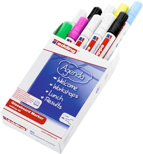 edding 90 Glasboardmarker - bunte Farben - 10 Glasboard Stifte - Rundspitze 2-3 mm - Fensterstift abwaschbar - zum Schreiben und Markieren auf Glasoberflächen, Fenster, Glasboards - trocken abwischbar