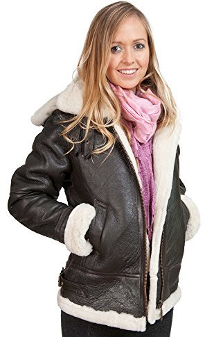 Frauen Braunes Kapuzen-Schaffell Fliegende Lederjacke mit Sahnepelz 5XL