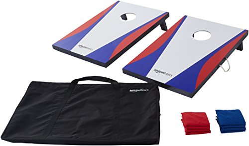 Amazon Basics Juego cornhole de madera, (10 unidad) 2 tablero con orificio y 8 sacos (4 rojo y azul)