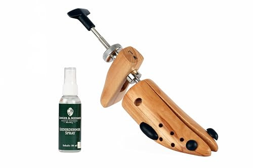 Langer & Messmer Schuhdehner für Herren gegen drückende Schuhe oder Stiefel - gefertigt aus massivem Buchenholz und Mechanik aus Metall - Dehnt in Weite und Länge inkl. Lederdehnerspray 50ml