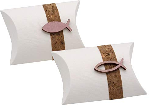 ZauberDeko 2 Gastgeschenke Schachtel Fisch Holz Rosa Mauve Kork Kartonage Tischdeko Kommunion Konfirmation Deko