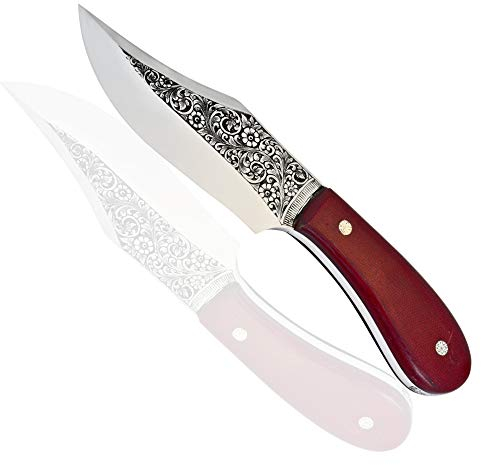 Engraver Handgemachtes Jagdmesser mit Micarta Griff & Aus Einem Stück D2 Stahl gefertigt &Lederscheide & Flachstichgravur & Die wunderbare Gravur geht bis in den Messerücken hinein