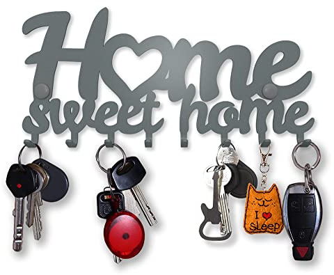 SirHoldeer Schlüsselbrett Modern, Home Sweet Home Schlüsselhaken, Schlüsselhalter Wand, Schlüsselaufhänger mit 8 Haken, Schlüsselboard Grau, Key Holder Wall, Wanddeko Flur, Metall Deko
