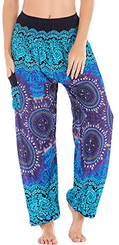 Nuofengkudu Damen Baumwolle Haremshose mit Taschen Boho Gemustert High Waist Leichte Baggy Yogahose Freizeithose Sommer Strand Festlich Pluderhose(Marineblau Compass,Einheitsgröße)