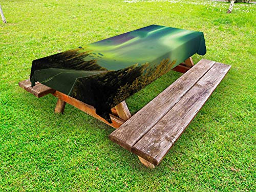 ABAKUHAUS Surreal Outdoor-Tischdecke, Nordic Strahlen der Sonne, dekorative waschbare Picknick-Tischdecke, 145 x 265 cm, Blue Lime und Farn-Grün