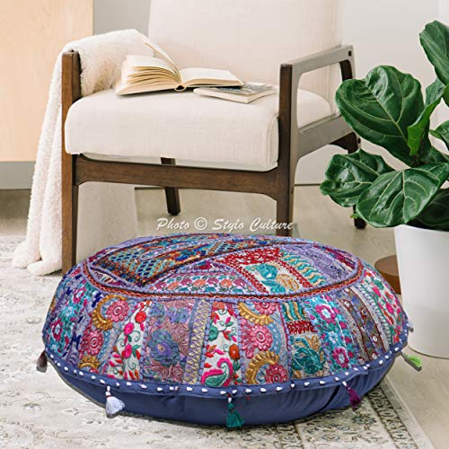 Stylo Culture Ethnisch Dekorativ Rund Bodenkissenbezug Boho 80x80 cm Groß Bodenkissen Vintage Grau Bohemien Patchwork Wohnkultur Baumwolle Bestickt Rundkissen Garten