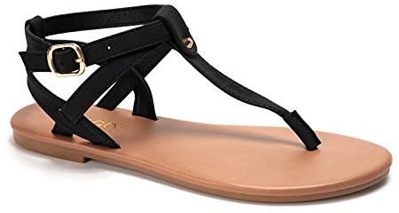 Colgo Thong Flat Sandals, Casual Women T-Strap Dress Sandals with Adjustable Ankle Buckle for Summer Wedding (Black/Sdl,7.5)