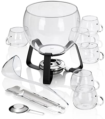 set punch 11 pezzi JUNTOS, set punch con ciotola in vetro da 3,5 litri, 6 bicchieri, pinze per zucchero, paletta, adatto anche per punch estivi e vin brulé
