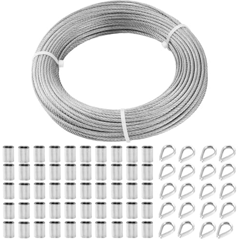 TooTaci 3mm Edelstahl Drahtseil, 50M/3mm Stahlseil mit M3 Drahtseilkausche & Aluminium-Crimphülsen – Ideal für Garten-Spaliere, Zaununterstützung, Geländer & Outdoor-Aufhängelösungen