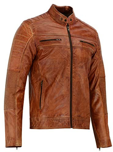 Leatherick Veste de motard en cuir véritable pour homme au look vieilli Marron clair (FR/ES, Alpha/lettres, TG, Taille normale, Taille normale)