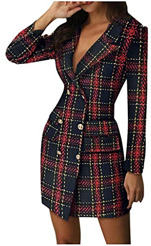 Huttam Robe Blazer Femme Chic et Elegant Manche Longue Grande Taille Col V Double Boutonnage Robe Moulante Femme Courte Soirée Cocktail À Carreaux Robe Travail Femme Bureau Manteau Veste (Rouge, S)