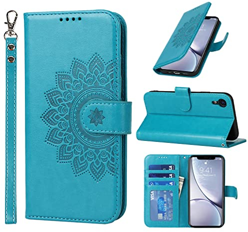 ELTEKER Handyhülle für iPhone XR, Hülle iPhone XR Klapphülle, [3 Kartenfächer] [Magnet Verschluss] Eleganter Prägung schutzhülle Ledertasche Hülle für iPhone XR, Blau