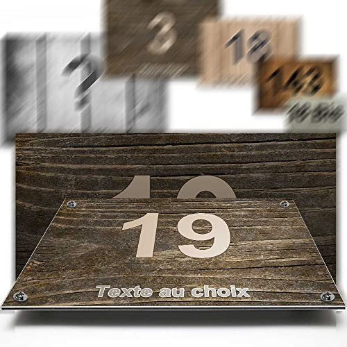 Placa de aluminio/polietileno número de calle decorativa para casa, garaje, puerta y buzón de correo. Colección madera: 2 líneas personalizables