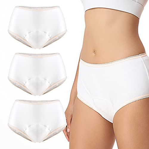 Carer Incontinence Underwear for Women 3 Pack Women’s Incontinence Briefs Washable Reusable Leak Proof Underwear for Women Incontinence Panties Leak Protection (White, Large)