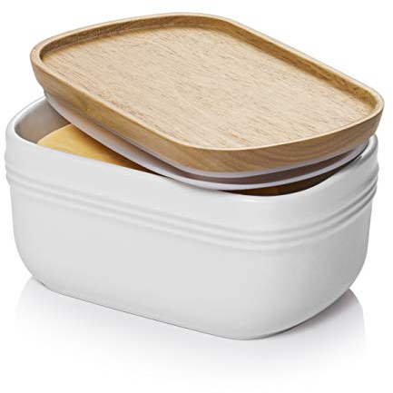 CJCSM Mantequera, Mantequera con Tapa Hermética De Madera, Mantequillera De Porcelana Extra Grande (White)