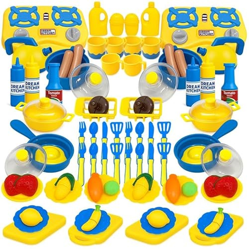Koolbitz 86 PCs Kids Kitchen Accessories Toy, Pretend Play Cooking Set with Stove, Cookware Utensils & Food Cutting Toys, Educational Role Play Gift for Children Age 3+