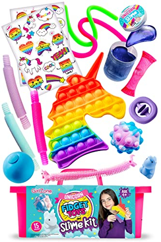 GirlZone Einhorn Fidget Slime Surprise Kit, Sensorische Fidget -und Zappelspielzeuge für Kinder, Set Enthält Vorgefertigten Schleim- und Pop It ASMR-Spielzeug Geschenke für Mädchen