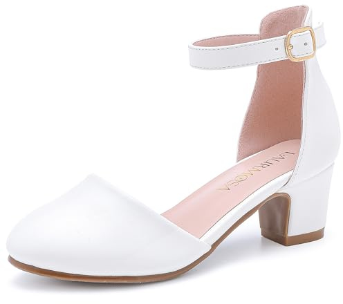 LAURMOSA Girls White Dress Shoes Heels for Girls Princess Flower Girl for Wedding Easter Church First Communion Closed Toe Ankle Strap Pumps Shoes for Little Big Kids(L1012White 3)